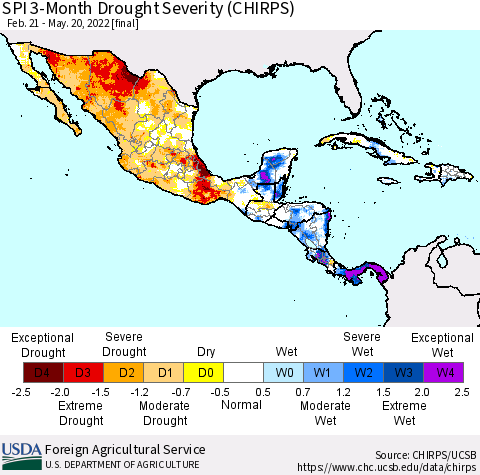 Mexico Central America and the Caribbean SPI 3-Month Drought Severity (CHIRPS) Thematic Map For 2/21/2022 - 5/20/2022