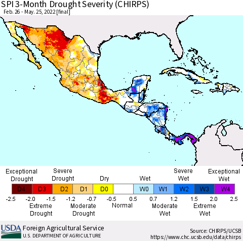 Mexico Central America and the Caribbean SPI 3-Month Drought Severity (CHIRPS) Thematic Map For 2/26/2022 - 5/25/2022