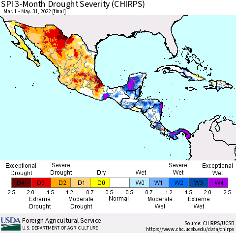 Mexico Central America and the Caribbean SPI 3-Month Drought Severity (CHIRPS) Thematic Map For 3/1/2022 - 5/31/2022