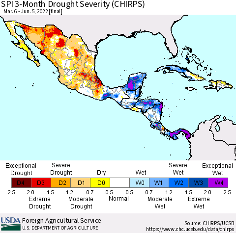 Mexico Central America and the Caribbean SPI 3-Month Drought Severity (CHIRPS) Thematic Map For 3/6/2022 - 6/5/2022
