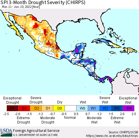 Mexico Central America and the Caribbean SPI 3-Month Drought Severity (CHIRPS) Thematic Map For 3/11/2022 - 6/10/2022