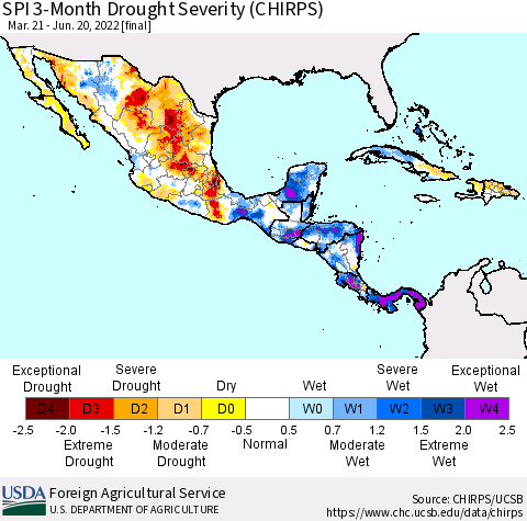 Mexico Central America and the Caribbean SPI 3-Month Drought Severity (CHIRPS) Thematic Map For 3/21/2022 - 6/20/2022