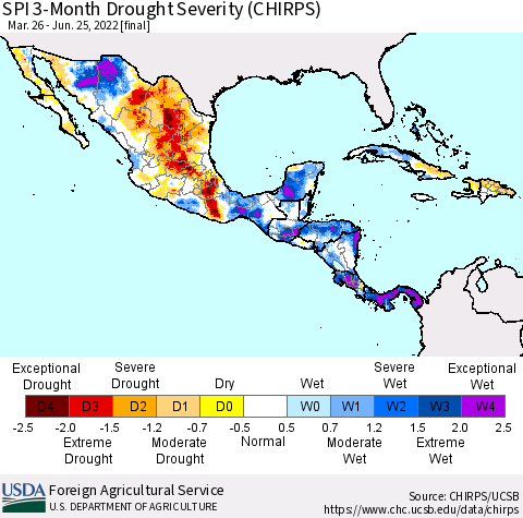 Mexico Central America and the Caribbean SPI 3-Month Drought Severity (CHIRPS) Thematic Map For 3/26/2022 - 6/25/2022