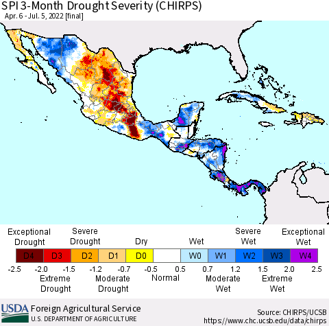 Mexico Central America and the Caribbean SPI 3-Month Drought Severity (CHIRPS) Thematic Map For 4/6/2022 - 7/5/2022