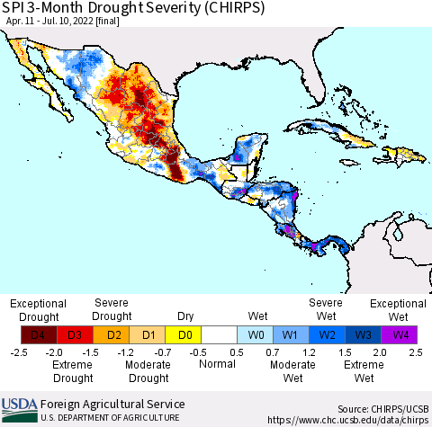 Mexico Central America and the Caribbean SPI 3-Month Drought Severity (CHIRPS) Thematic Map For 4/11/2022 - 7/10/2022