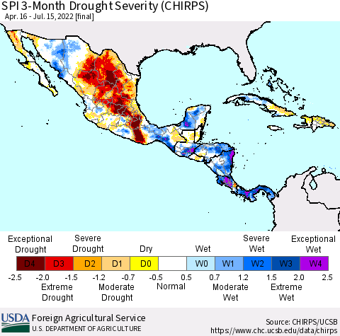 Mexico Central America and the Caribbean SPI 3-Month Drought Severity (CHIRPS) Thematic Map For 4/16/2022 - 7/15/2022