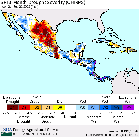 Mexico Central America and the Caribbean SPI 3-Month Drought Severity (CHIRPS) Thematic Map For 4/21/2022 - 7/20/2022