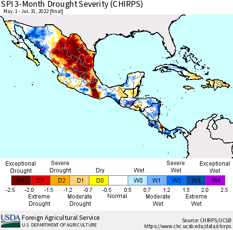 Mexico Central America and the Caribbean SPI 3-Month Drought Severity (CHIRPS) Thematic Map For 5/1/2022 - 7/31/2022