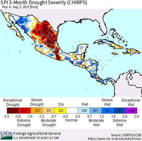 Mexico Central America and the Caribbean SPI 3-Month Drought Severity (CHIRPS) Thematic Map For 5/6/2022 - 8/5/2022
