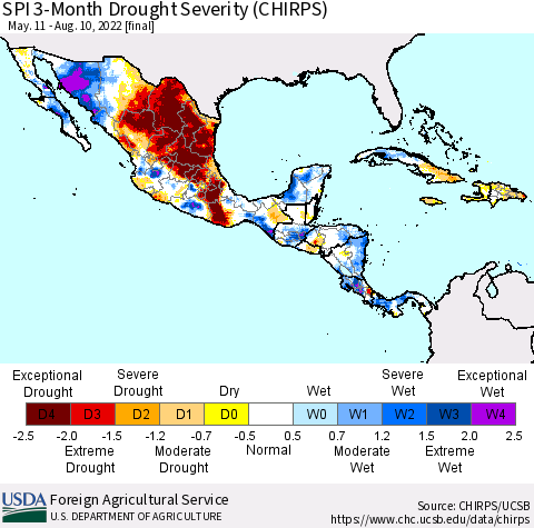 Mexico Central America and the Caribbean SPI 3-Month Drought Severity (CHIRPS) Thematic Map For 5/11/2022 - 8/10/2022