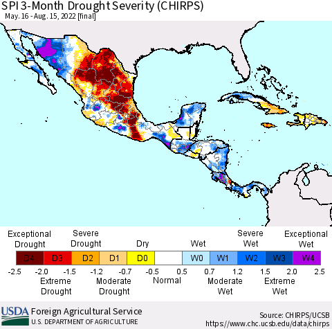 Mexico Central America and the Caribbean SPI 3-Month Drought Severity (CHIRPS) Thematic Map For 5/16/2022 - 8/15/2022
