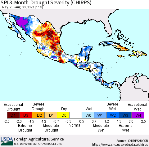 Mexico Central America and the Caribbean SPI 3-Month Drought Severity (CHIRPS) Thematic Map For 5/21/2022 - 8/20/2022
