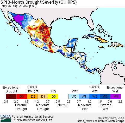 Mexico Central America and the Caribbean SPI 3-Month Drought Severity (CHIRPS) Thematic Map For 5/26/2022 - 8/25/2022