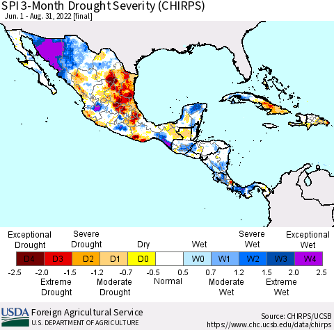 Mexico Central America and the Caribbean SPI 3-Month Drought Severity (CHIRPS) Thematic Map For 6/1/2022 - 8/31/2022
