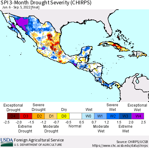 Mexico Central America and the Caribbean SPI 3-Month Drought Severity (CHIRPS) Thematic Map For 6/6/2022 - 9/5/2022