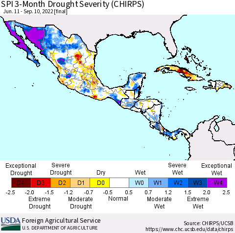 Mexico Central America and the Caribbean SPI 3-Month Drought Severity (CHIRPS) Thematic Map For 6/11/2022 - 9/10/2022