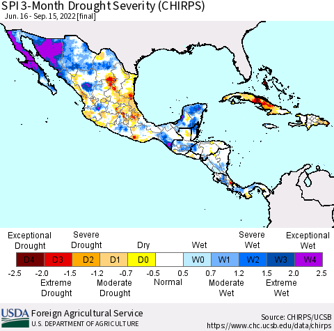 Mexico Central America and the Caribbean SPI 3-Month Drought Severity (CHIRPS) Thematic Map For 6/16/2022 - 9/15/2022