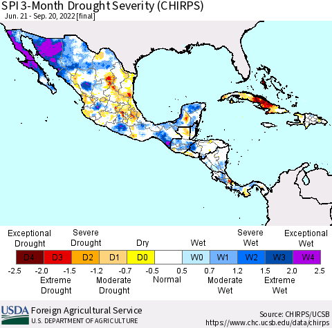 Mexico Central America and the Caribbean SPI 3-Month Drought Severity (CHIRPS) Thematic Map For 6/21/2022 - 9/20/2022