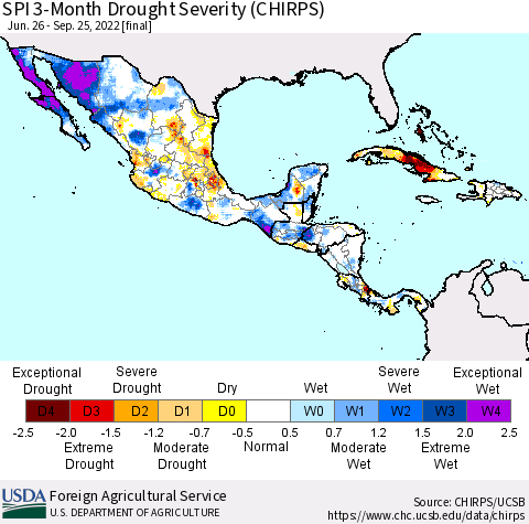 Mexico Central America and the Caribbean SPI 3-Month Drought Severity (CHIRPS) Thematic Map For 6/26/2022 - 9/25/2022