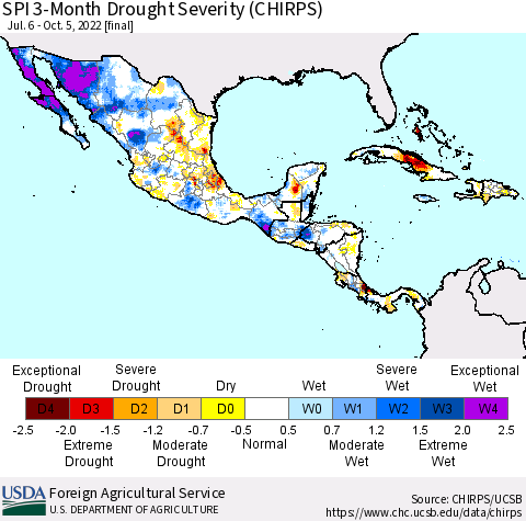 Mexico Central America and the Caribbean SPI 3-Month Drought Severity (CHIRPS) Thematic Map For 7/6/2022 - 10/5/2022