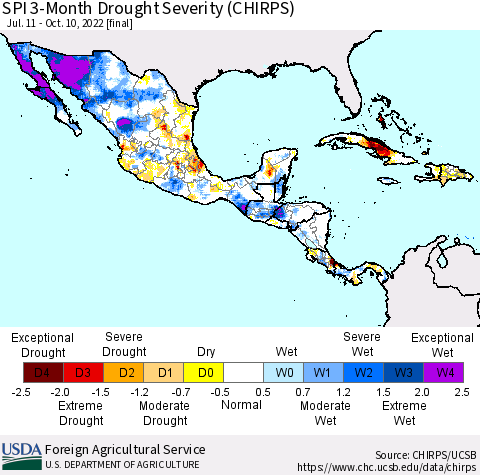 Mexico Central America and the Caribbean SPI 3-Month Drought Severity (CHIRPS) Thematic Map For 7/11/2022 - 10/10/2022