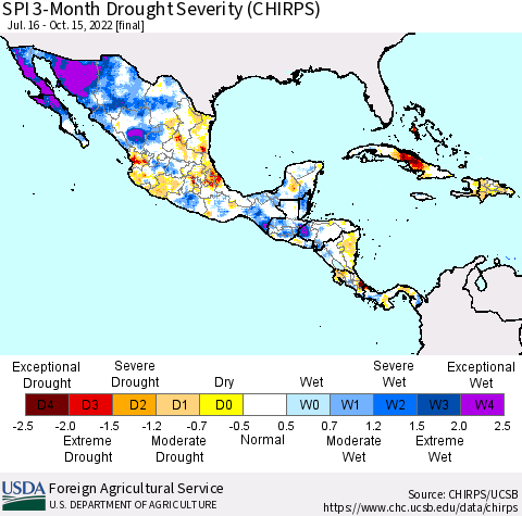 Mexico Central America and the Caribbean SPI 3-Month Drought Severity (CHIRPS) Thematic Map For 7/16/2022 - 10/15/2022