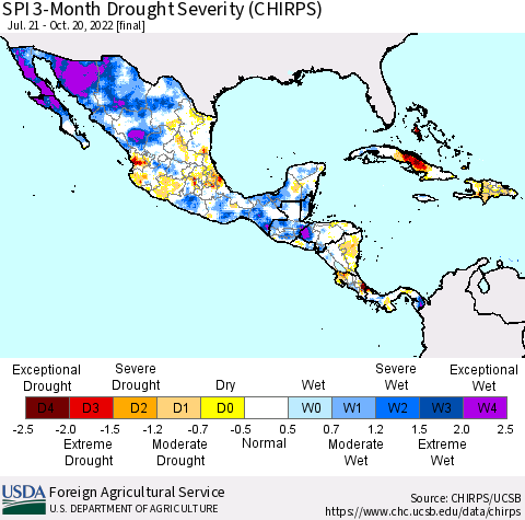 Mexico Central America and the Caribbean SPI 3-Month Drought Severity (CHIRPS) Thematic Map For 7/21/2022 - 10/20/2022