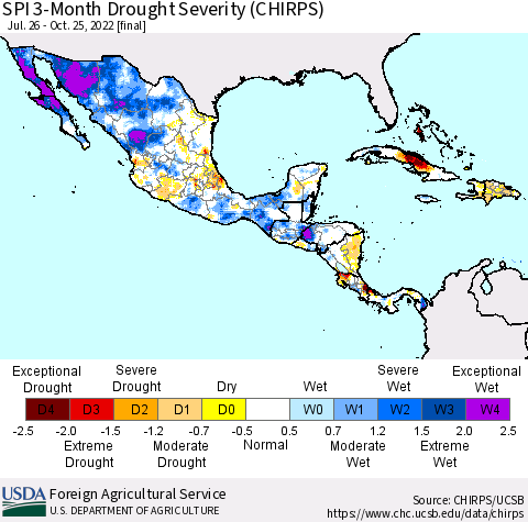 Mexico Central America and the Caribbean SPI 3-Month Drought Severity (CHIRPS) Thematic Map For 7/26/2022 - 10/25/2022