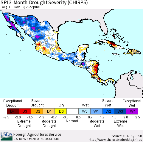 Mexico Central America and the Caribbean SPI 3-Month Drought Severity (CHIRPS) Thematic Map For 8/11/2022 - 11/10/2022