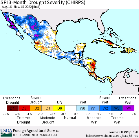 Mexico Central America and the Caribbean SPI 3-Month Drought Severity (CHIRPS) Thematic Map For 8/16/2022 - 11/15/2022