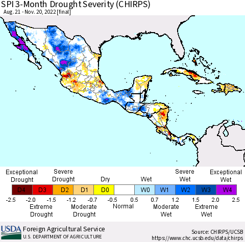 Mexico Central America and the Caribbean SPI 3-Month Drought Severity (CHIRPS) Thematic Map For 8/21/2022 - 11/20/2022