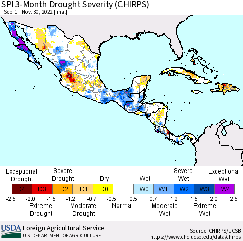 Mexico Central America and the Caribbean SPI 3-Month Drought Severity (CHIRPS) Thematic Map For 9/1/2022 - 11/30/2022