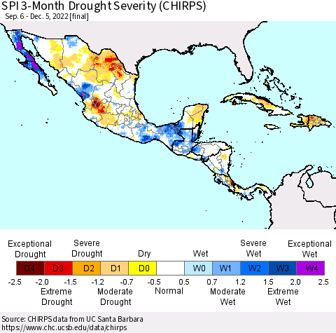 Mexico Central America and the Caribbean SPI 3-Month Drought Severity (CHIRPS) Thematic Map For 9/6/2022 - 12/5/2022