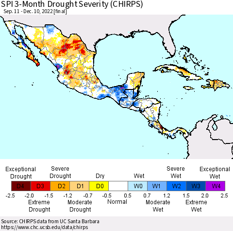 Mexico Central America and the Caribbean SPI 3-Month Drought Severity (CHIRPS) Thematic Map For 9/11/2022 - 12/10/2022