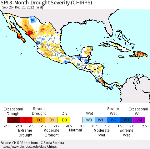Mexico Central America and the Caribbean SPI 3-Month Drought Severity (CHIRPS) Thematic Map For 9/26/2022 - 12/25/2022