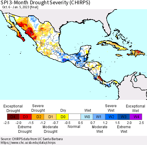 Mexico Central America and the Caribbean SPI 3-Month Drought Severity (CHIRPS) Thematic Map For 10/6/2022 - 1/5/2023