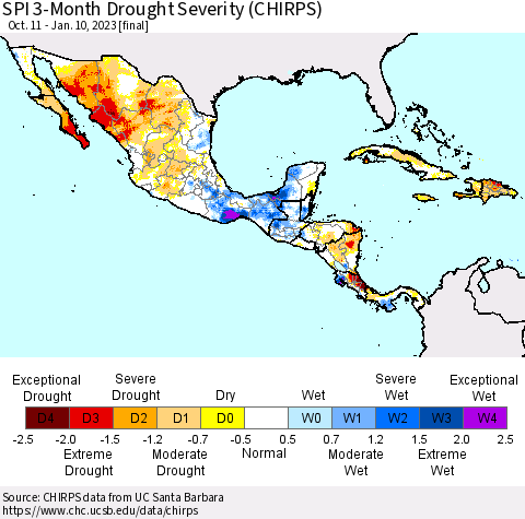 Mexico Central America and the Caribbean SPI 3-Month Drought Severity (CHIRPS) Thematic Map For 10/11/2022 - 1/10/2023