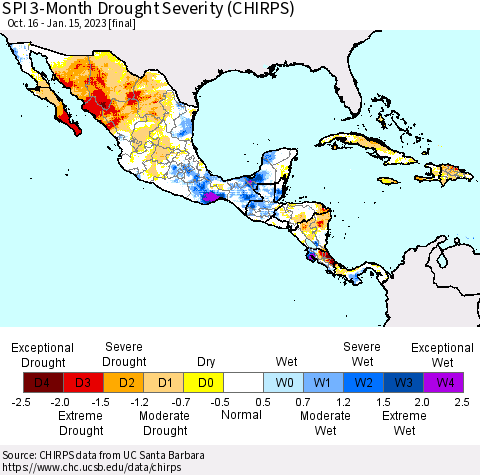 Mexico Central America and the Caribbean SPI 3-Month Drought Severity (CHIRPS) Thematic Map For 10/16/2022 - 1/15/2023