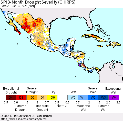 Mexico Central America and the Caribbean SPI 3-Month Drought Severity (CHIRPS) Thematic Map For 10/21/2022 - 1/20/2023