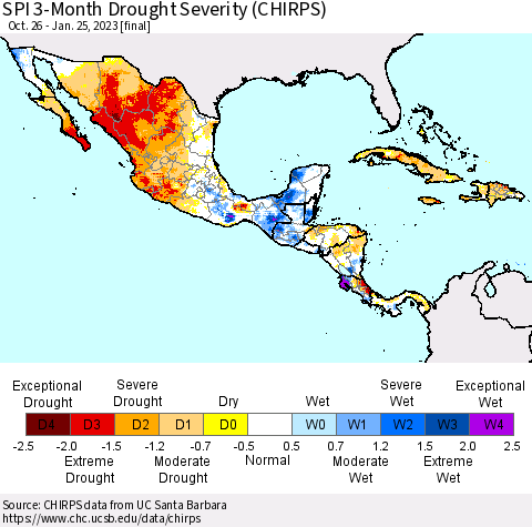 Mexico Central America and the Caribbean SPI 3-Month Drought Severity (CHIRPS) Thematic Map For 10/26/2022 - 1/25/2023