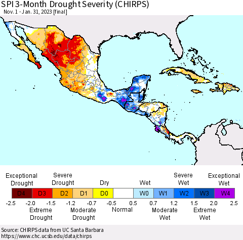 Mexico Central America and the Caribbean SPI 3-Month Drought Severity (CHIRPS) Thematic Map For 11/1/2022 - 1/31/2023