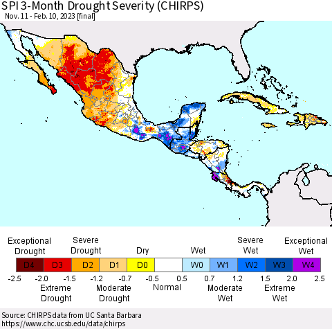 Mexico Central America and the Caribbean SPI 3-Month Drought Severity (CHIRPS) Thematic Map For 11/11/2022 - 2/10/2023