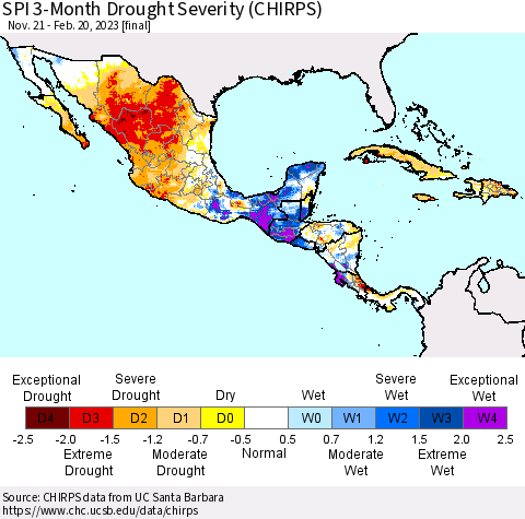 Mexico Central America and the Caribbean SPI 3-Month Drought Severity (CHIRPS) Thematic Map For 11/21/2022 - 2/20/2023