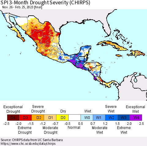 Mexico Central America and the Caribbean SPI 3-Month Drought Severity (CHIRPS) Thematic Map For 11/26/2022 - 2/25/2023