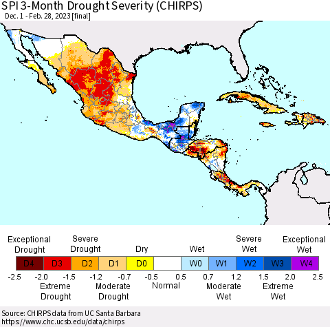 Mexico Central America and the Caribbean SPI 3-Month Drought Severity (CHIRPS) Thematic Map For 12/1/2022 - 2/28/2023