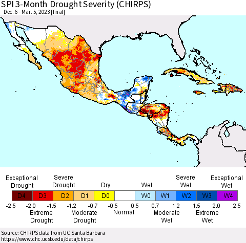 Mexico Central America and the Caribbean SPI 3-Month Drought Severity (CHIRPS) Thematic Map For 12/6/2022 - 3/5/2023