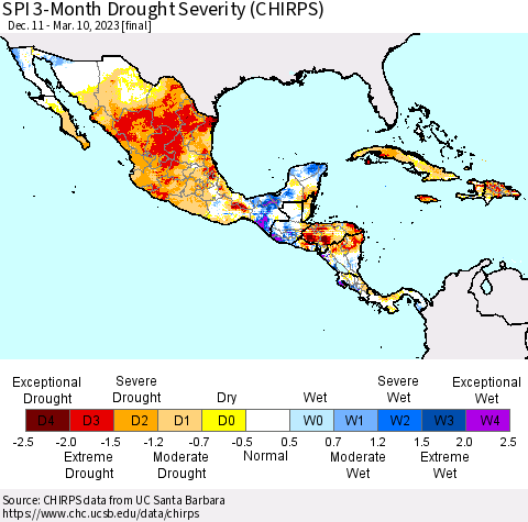 Mexico Central America and the Caribbean SPI 3-Month Drought Severity (CHIRPS) Thematic Map For 12/11/2022 - 3/10/2023