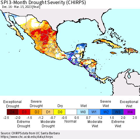 Mexico Central America and the Caribbean SPI 3-Month Drought Severity (CHIRPS) Thematic Map For 12/16/2022 - 3/15/2023