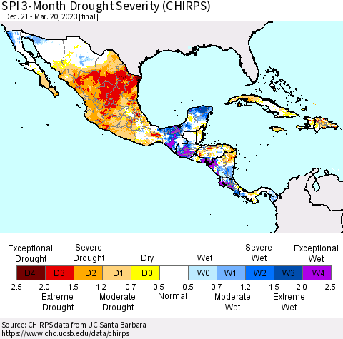 Mexico Central America and the Caribbean SPI 3-Month Drought Severity (CHIRPS) Thematic Map For 12/21/2022 - 3/20/2023