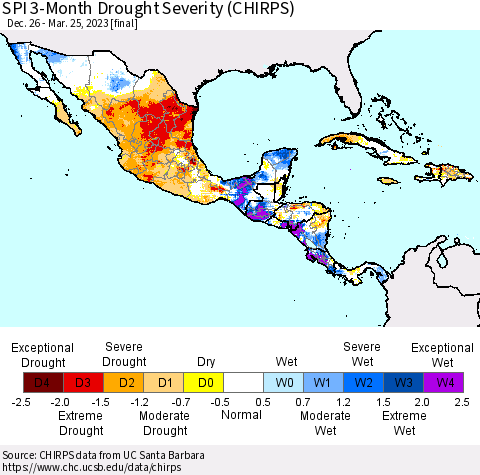 Mexico Central America and the Caribbean SPI 3-Month Drought Severity (CHIRPS) Thematic Map For 12/26/2022 - 3/25/2023